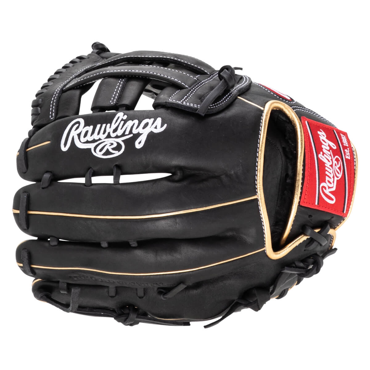 Front view of a black Rawlings baseball glove with white stitching and gold trim.