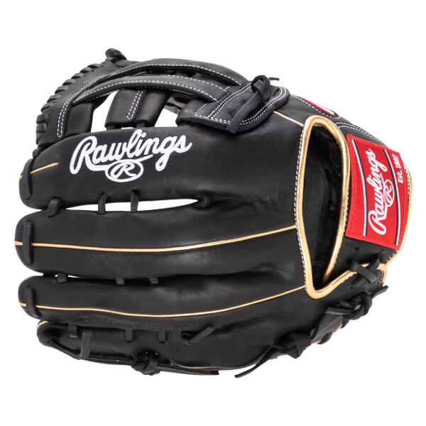 Front view of a black Rawlings baseball glove with white stitching and gold trim.