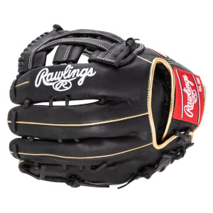 Front view of a black Rawlings baseball glove with white stitching and gold trim.