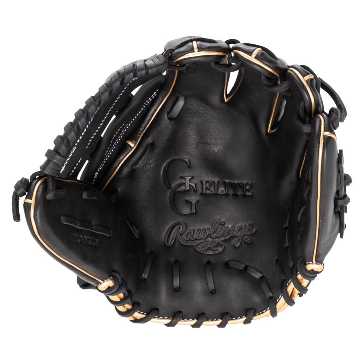 Top-down view of a black Rawlings baseball glove with gold trim and "PRO DESIGN" embossed on the palm.