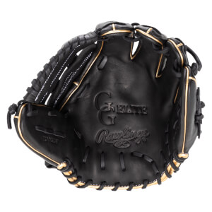 Top-down view of a black Rawlings baseball glove with gold trim and "PRO DESIGN" embossed on the palm.