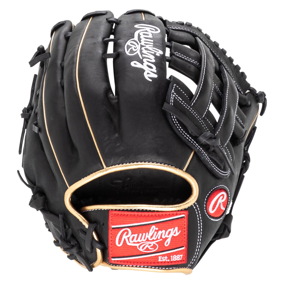 Front view of a black Rawlings baseball glove with gold trim and a red "Rawlings Est. 1887" patch.
