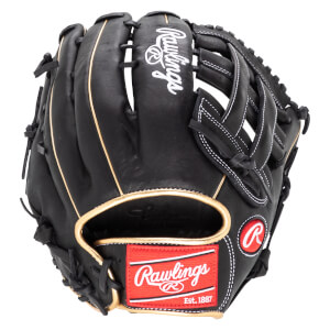 Front view of a black Rawlings baseball glove with gold trim and a red "Rawlings Est. 1887" patch.