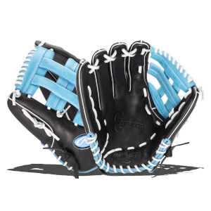Front view of a black baseball glove with light blue accents and white stitching, showing the "GG ELITE" logo.
