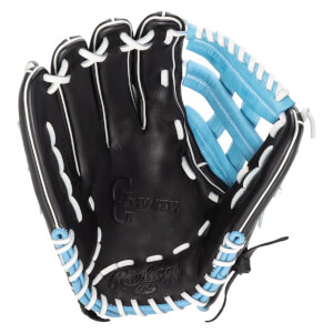 Front view of a black baseball glove with blue lining, white stitching, and "Rawlings" logo.