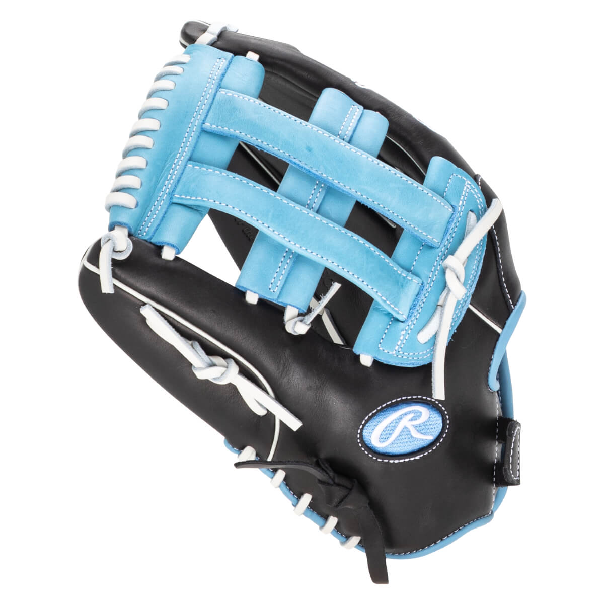 Top-down view of a black baseball glove with light blue webbing and white lacing, featuring the Rawlings logo.