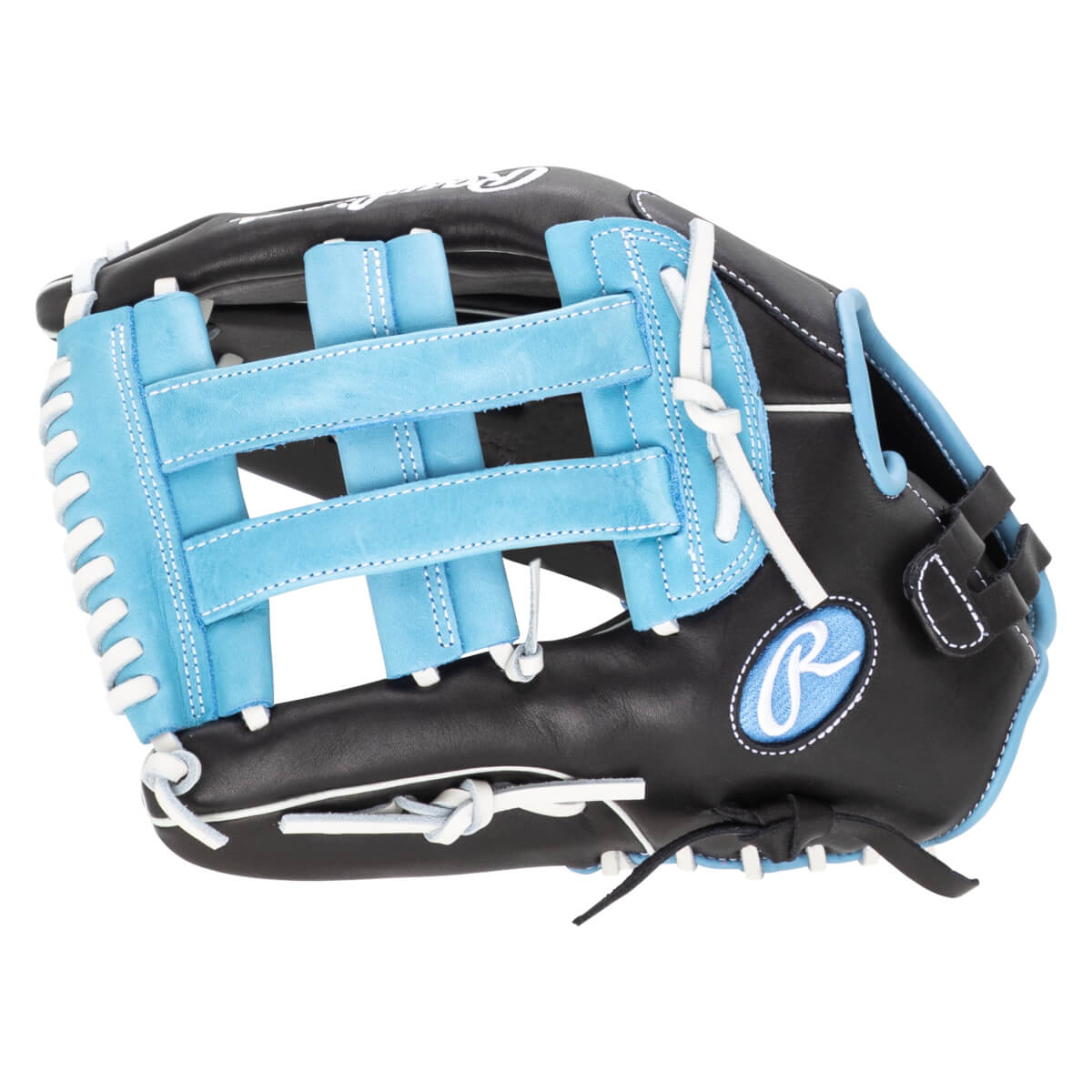 Side view of a black and blue Rawlings baseball glove with white stitching and a prominent "R" logo.