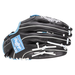 Top-down view of a black Rawlings baseball glove with blue accents and white stitching, showing the "Rawlings Est. 1887" patch.