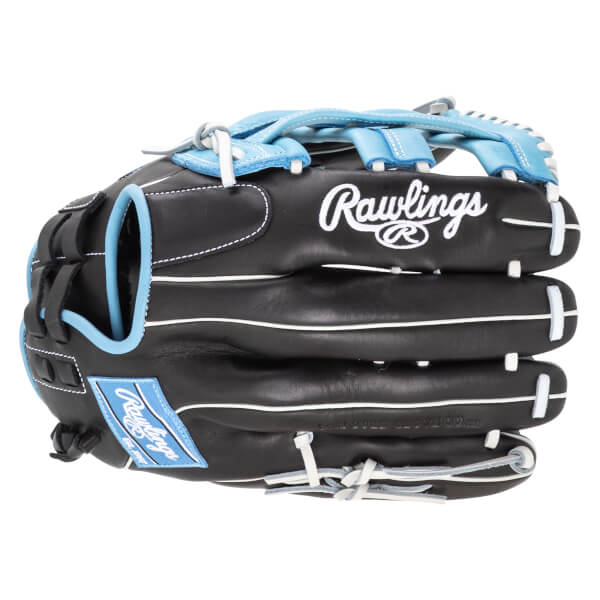 Front view of a black Rawlings baseball glove with light blue accents and white stitching.