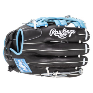 Front view of a black Rawlings baseball glove with light blue accents and white stitching.