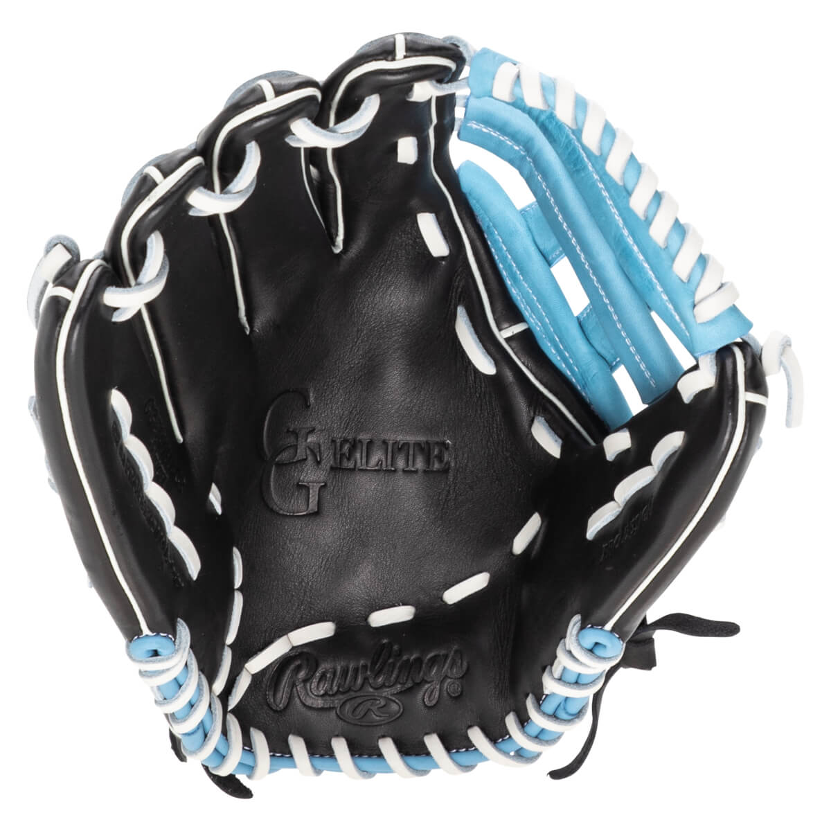 Top-down view of a black Rawlings baseball glove with light blue webbing and white lacing.