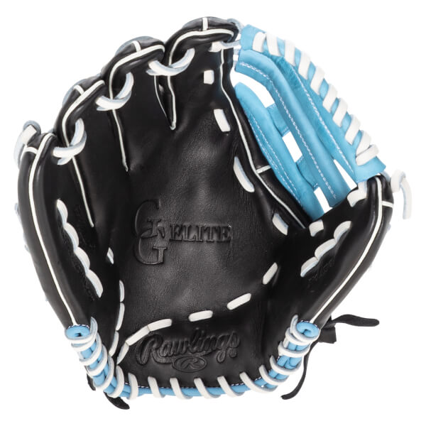 Top-down view of a black Rawlings baseball glove with light blue webbing and white lacing.