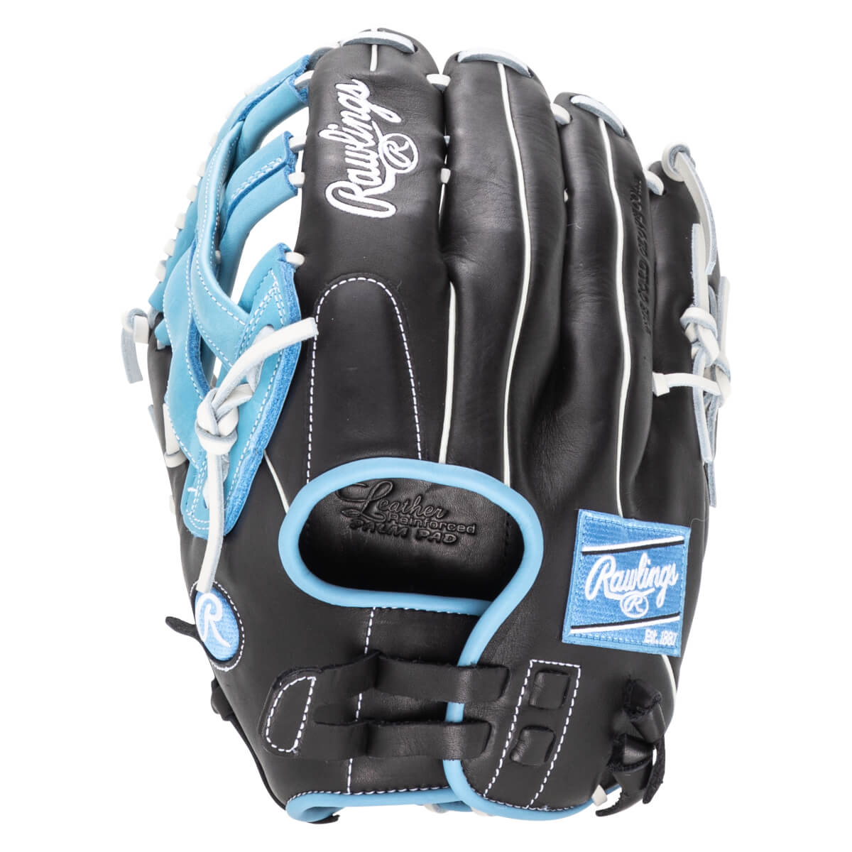 Front view of a black Rawlings baseball glove with light blue accents and white stitching, featuring "Rawlings" logo and "Leather Reinforced Palm Pad".