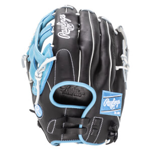 Front view of a black Rawlings baseball glove with light blue accents and white stitching, featuring "Rawlings" logo and "Leather Reinforced Palm Pad".