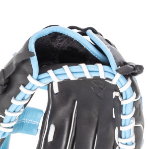 Close-up of a black baseball glove with light blue padding and white lacing.
