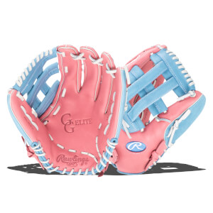 Top-down view of pink and blue Rawlings Elite baseball gloves with white lacing and "PRO DESIGN" text.