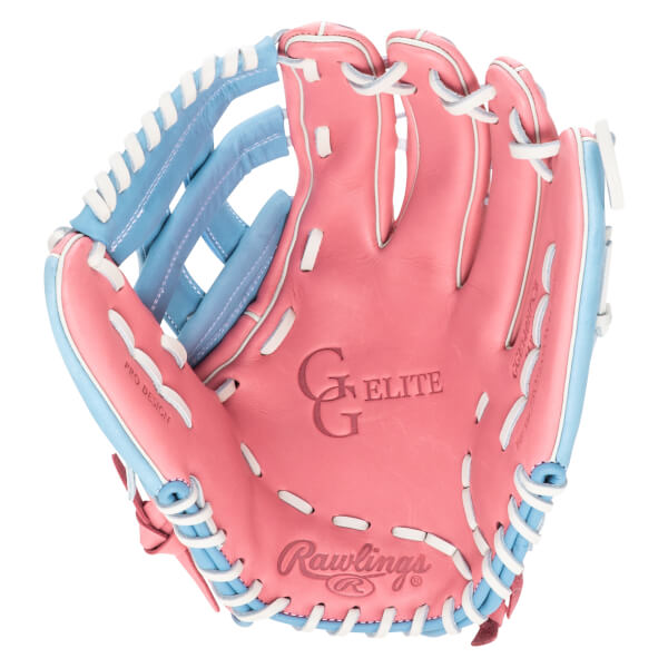 Top-down view of a pink and blue baseball glove with white lacing, showing "Rawlings" and "GG ELITE" logos.
