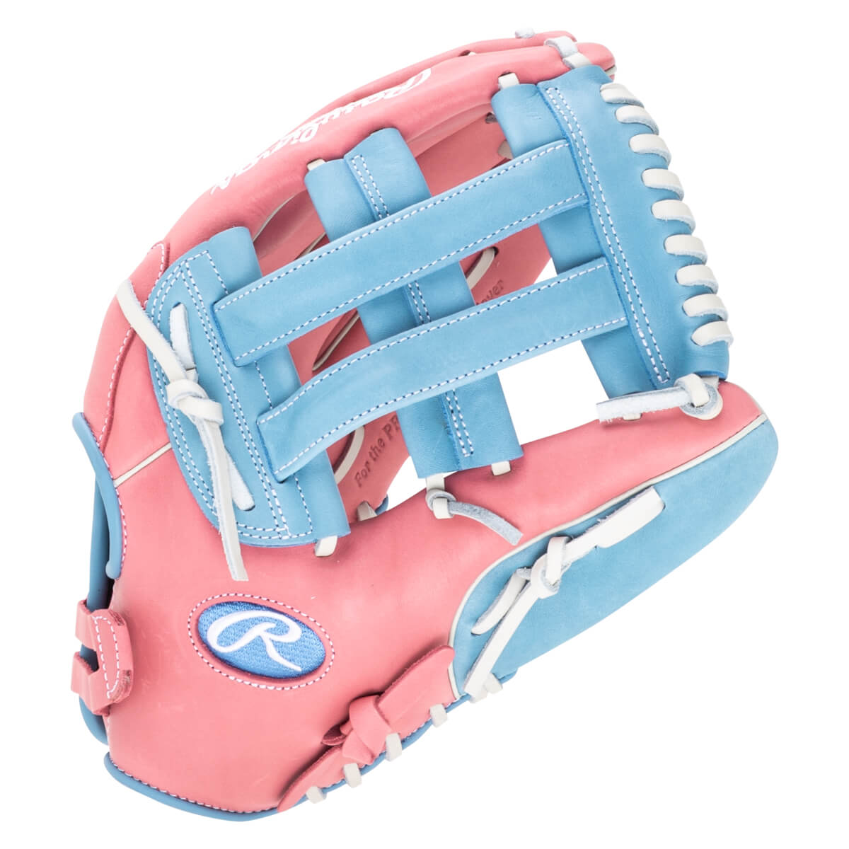 Angled view of a pink and light blue baseball glove with white lacing and a Rawlings logo.