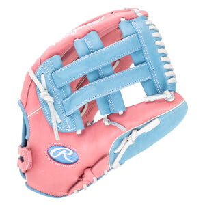 Angled view of a pink and light blue baseball glove with white lacing and a Rawlings logo.