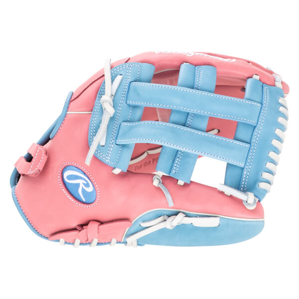 Side view of a pink and blue Rawlings baseball glove with a white Rawlings logo and white stitching.