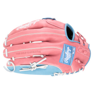 Top-down view of a pink Rawlings baseball glove with blue accents and white lacing, featuring "Rawlings" and "Est. 1887" logos.