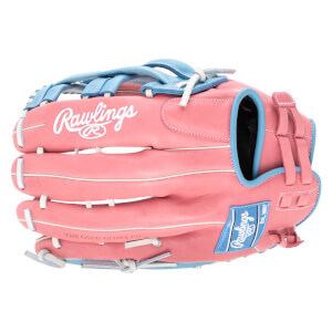 Front view of a pink Rawlings baseball glove with light blue accents and white stitching.
