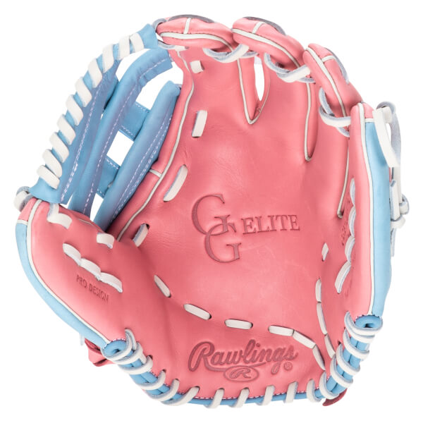 Top-down view of a pink and blue baseball glove with "Rawlings" and "PRO DESIGN" visible.