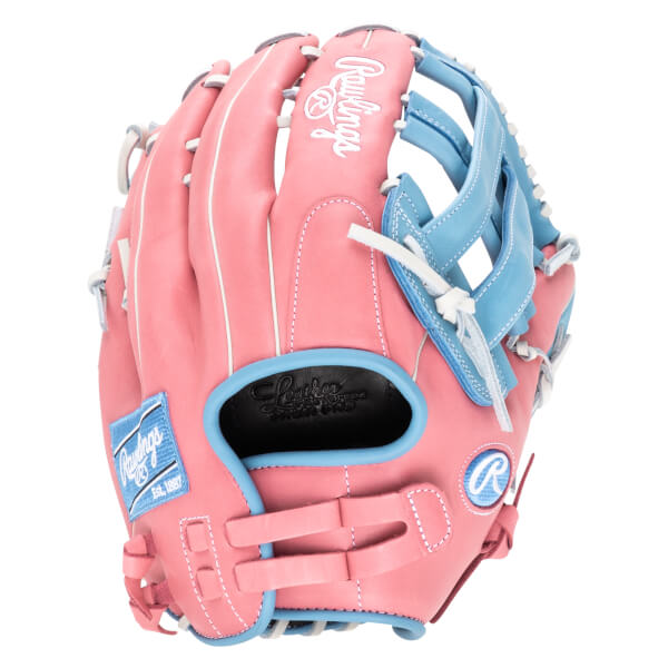 Front view of a pink Rawlings baseball glove with blue accents, featuring the "Rawlings" logo and "Est. 1887".