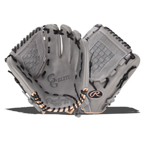 Front view of a grey baseball glove with black lacing, "G ELITE" embossed on the palm, and a Rawlings logo.