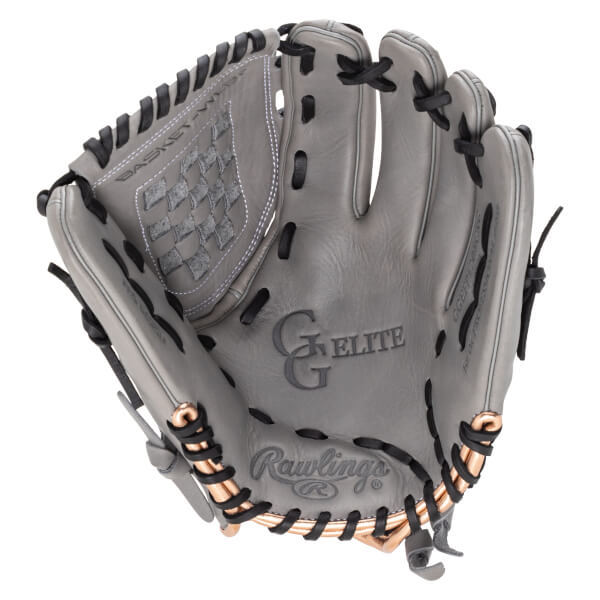 Front view of a gray Rawlings baseball glove with black lacing and "GG ELITE" and "Rawlings" logos.
