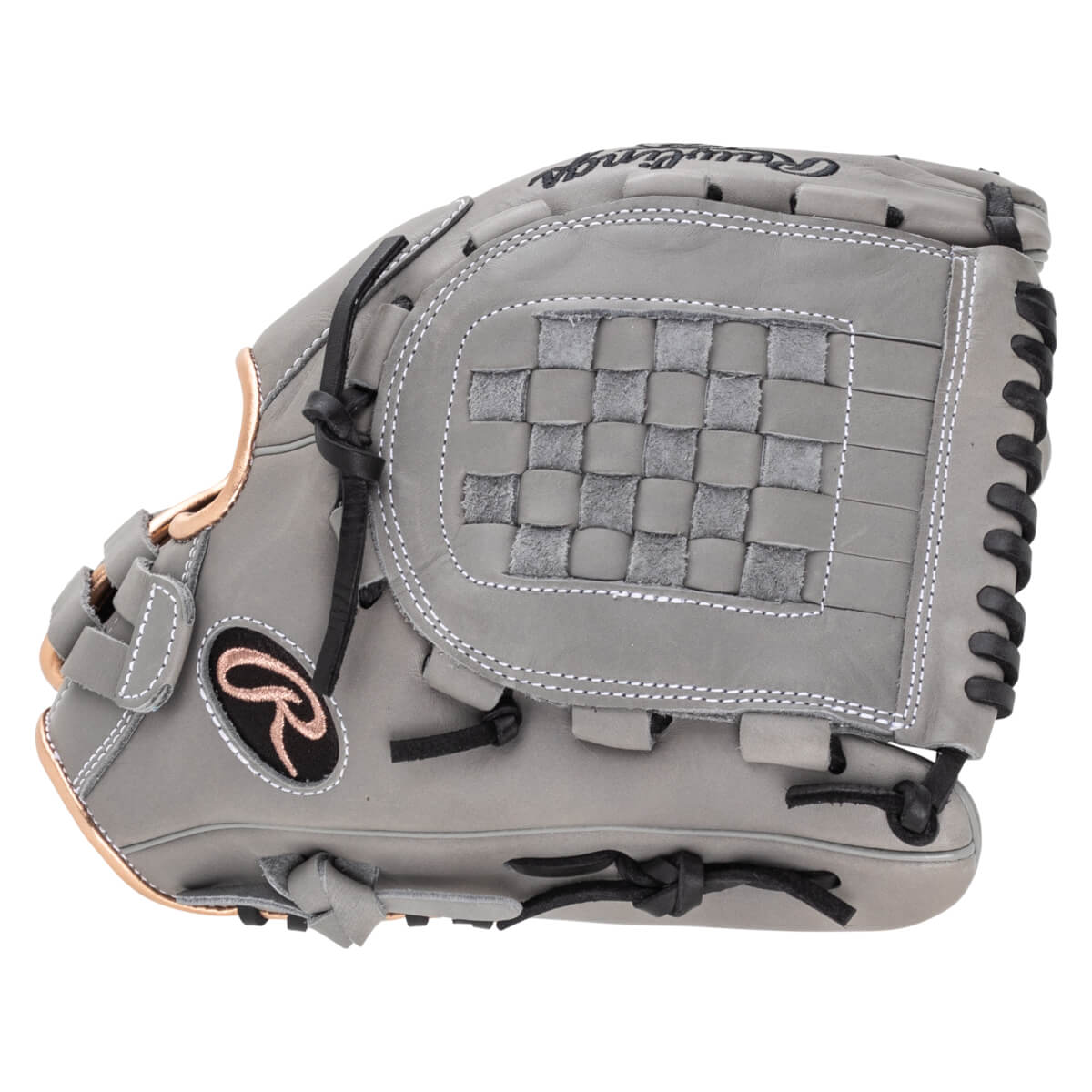 Side view of a gray Rawlings baseball glove with a woven pocket, copper accents, and a black R logo.
