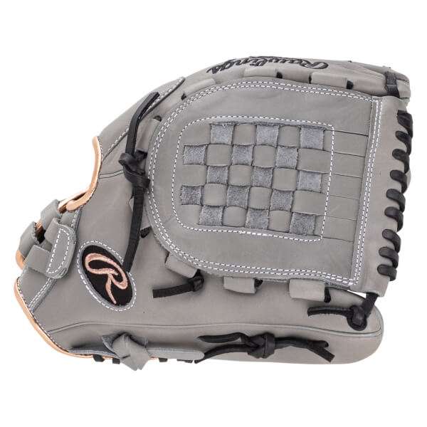 Side view of a gray Rawlings baseball glove with a woven pocket, copper accents, and a black R logo.