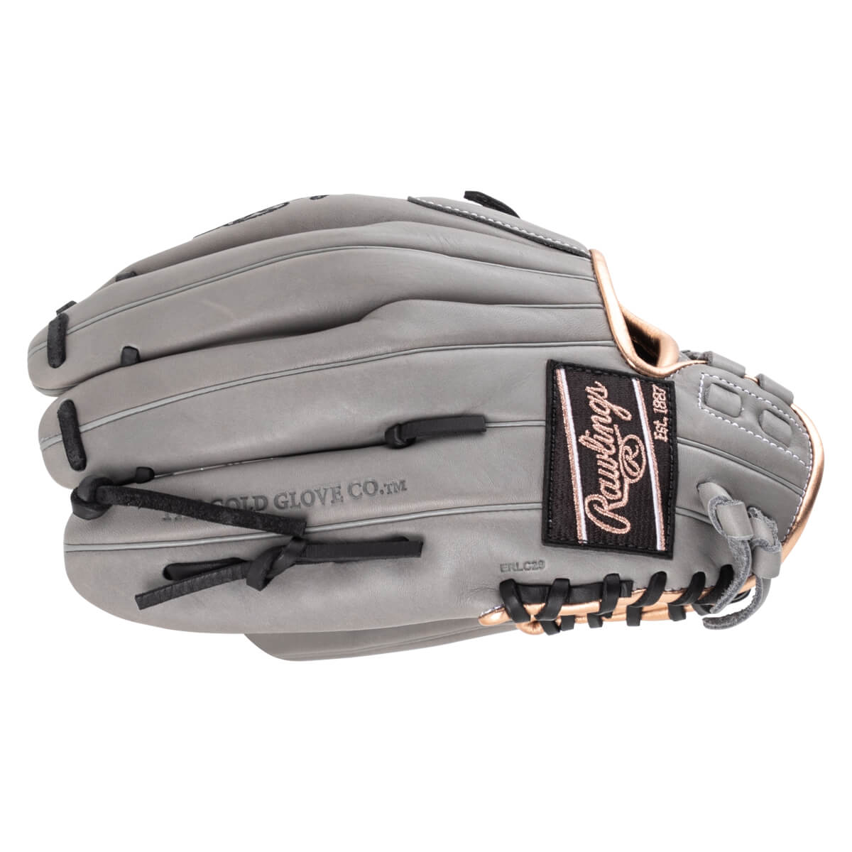 Side view of a gray Rawlings baseball glove with rose gold trim and black laces.