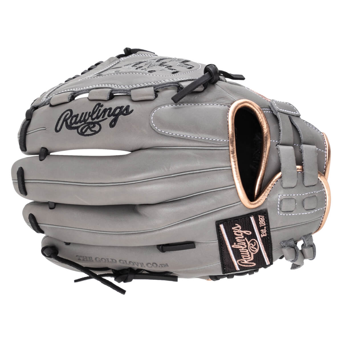 Front view of a gray Rawlings baseball glove with rose gold accents and "Rawlings" logo.