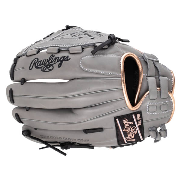 Front view of a gray Rawlings baseball glove with rose gold accents and "Rawlings" logo.