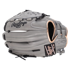 Front view of a gray Rawlings baseball glove with rose gold accents and "Rawlings" logo.