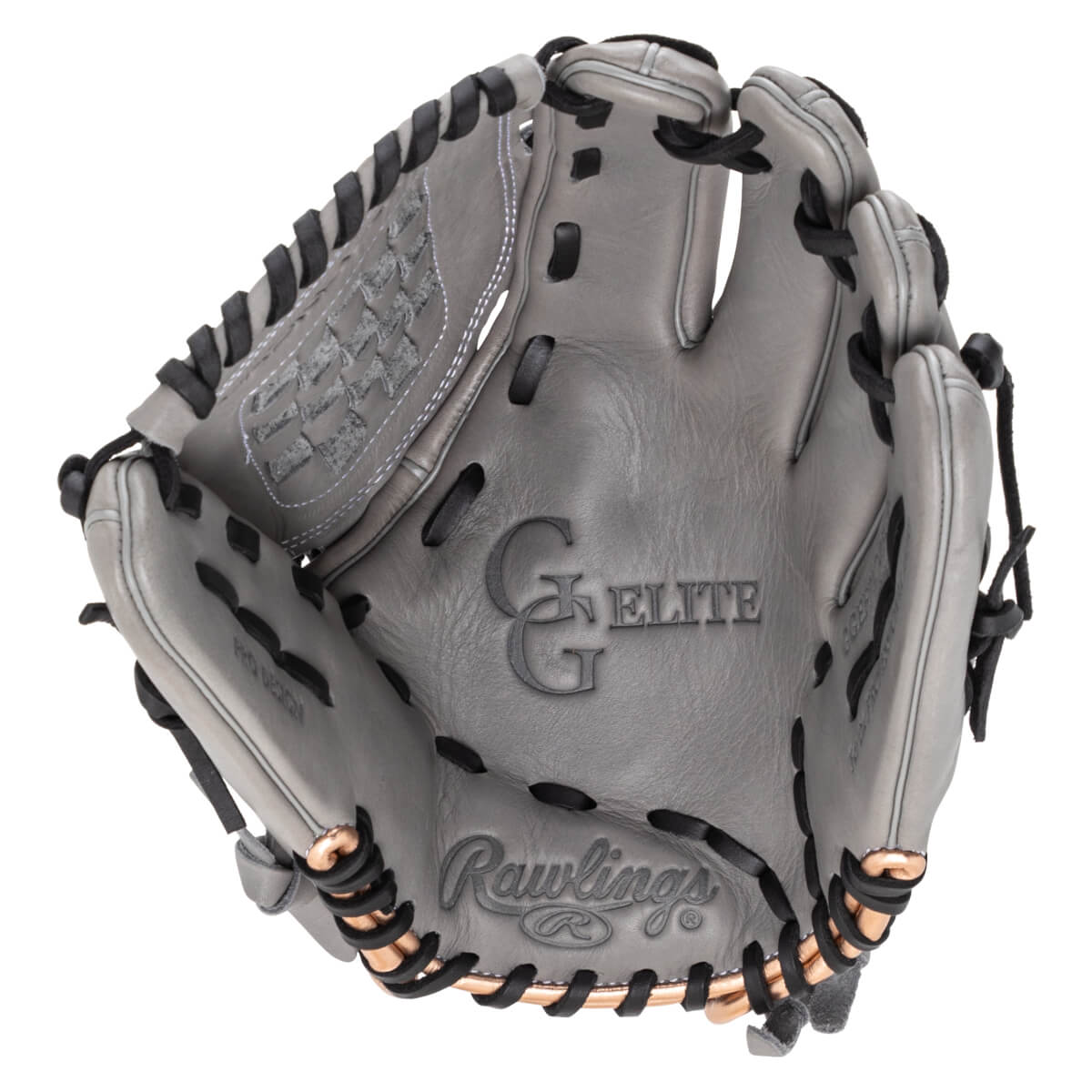 Top-down view of a gray Rawlings G Elite baseball glove with black lacing and copper accents.