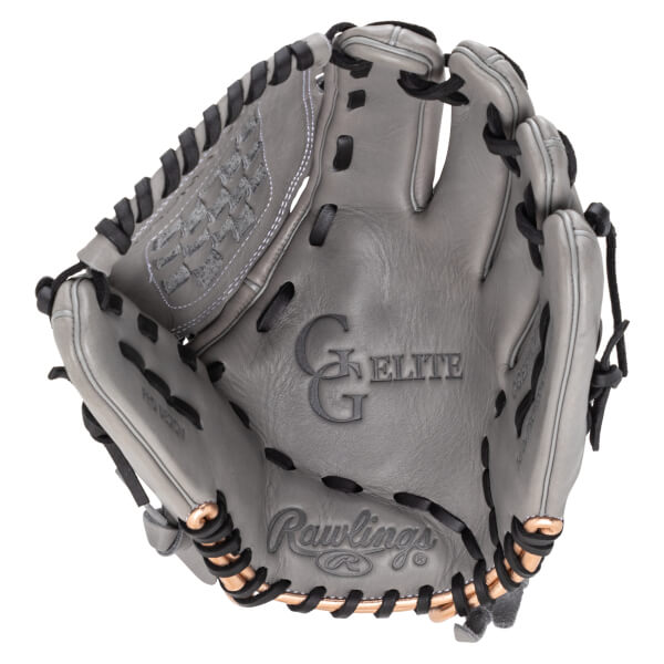 Top-down view of a gray Rawlings G Elite baseball glove with black lacing and copper accents.