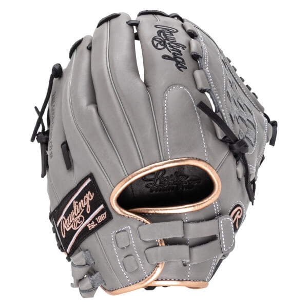 Front view of a gray baseball glove with black laces, a "Rawlings" patch, and rose gold trim.