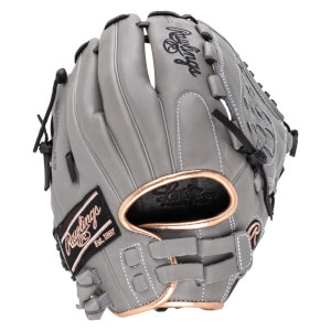 Front view of a gray baseball glove with black laces, a "Rawlings" patch, and rose gold trim.