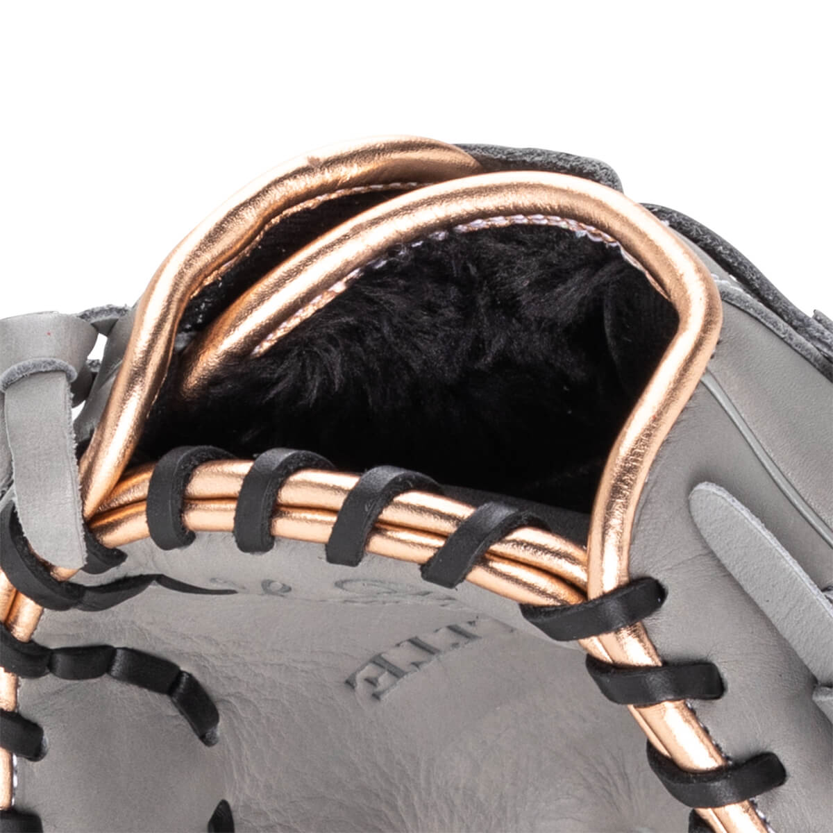 Close-up of a gray baseball glove showing copper-colored lacing and black trim.