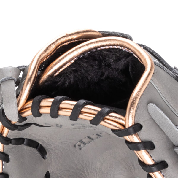 Close-up of a gray baseball glove showing copper-colored lacing and black trim.
