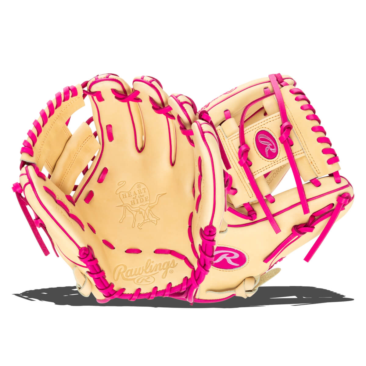 Front view of a tan baseball glove with bright pink lacing and Rawlings branding.