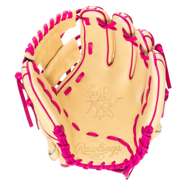 Top-down view of a tan baseball glove with bright pink lacing and the "Rawlings" logo.