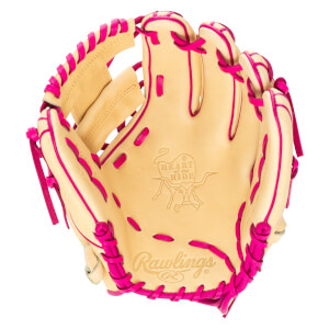 Top-down view of a tan baseball glove with bright pink lacing and the "Rawlings" logo.