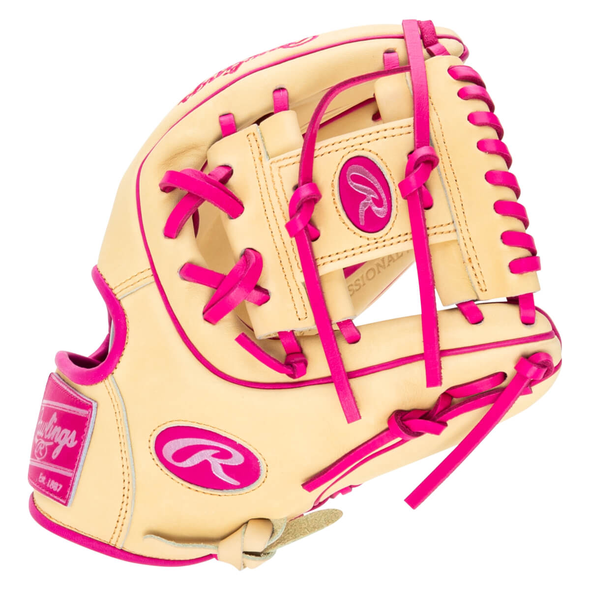 Front view of a tan baseball glove with bright pink lacing and trim, featuring the Rawlings logo.