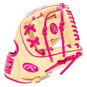 Front view of a tan baseball glove with bright pink lacing and trim, featuring the Rawlings logo.