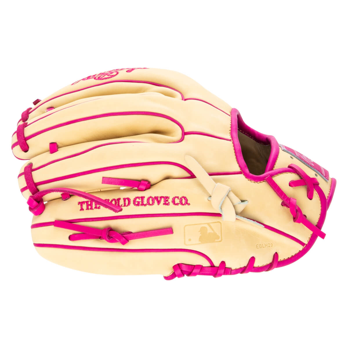 Side view of a tan baseball glove with bright pink lacing and trim, showing "THE GOLD GLOVE CO." and the MLB logo.