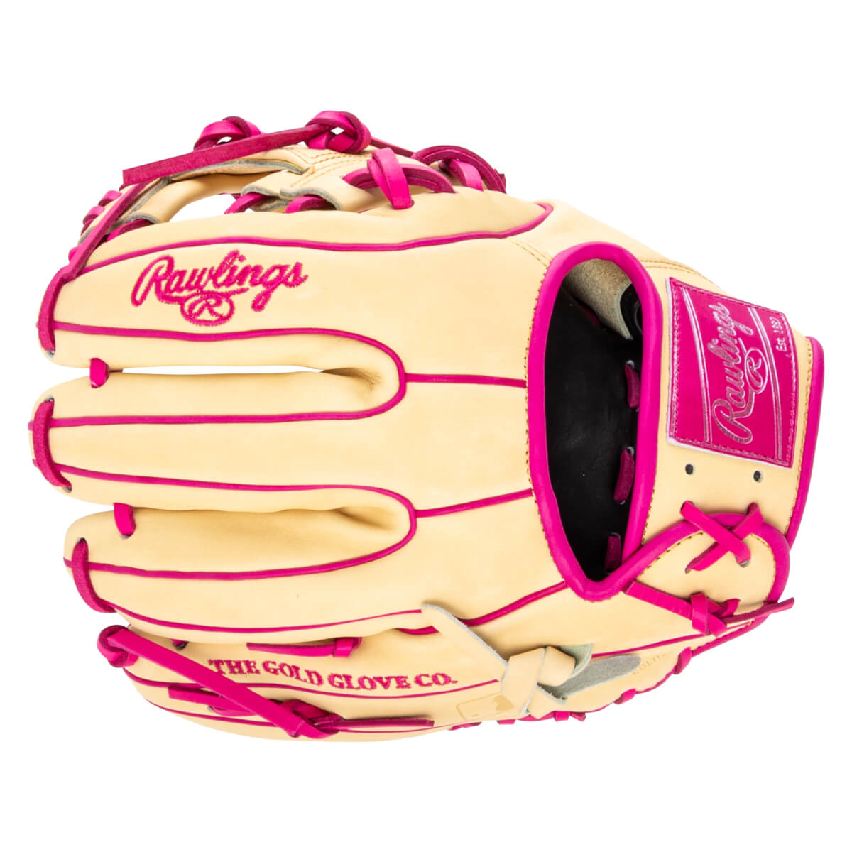 Front view of a tan baseball glove with bright pink lacing and trim, featuring "Rawlings" embroidered in pink script.