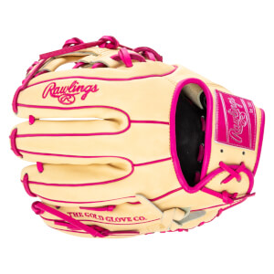 Front view of a tan baseball glove with bright pink lacing and trim, featuring "Rawlings" embroidered in pink script.